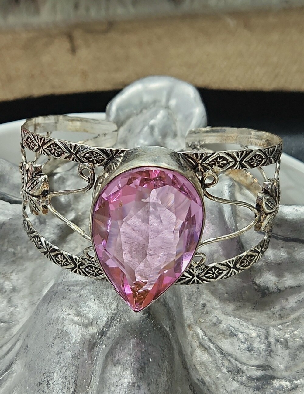 Silver Filigree Cuff Bracelet with Fa Pink Kunzite Teardrop